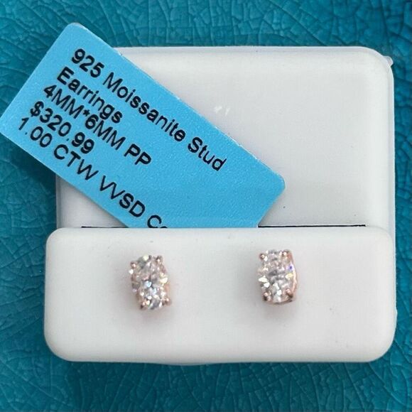 NWT 925 Sterling Silver Moissanite Stud Earrings Women's 4MM*6MM Silver 1.0 CTW - Picture 3 of 4